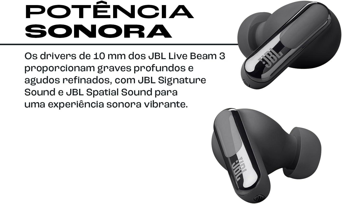 JBL, Fone de Ouvido Bluetooth, Live Beam 3, Intra Auricular, Sem Fio, Com Tela de 1.45", Cancelamento de Ruído, Resistente À Água e Poeira - Preto