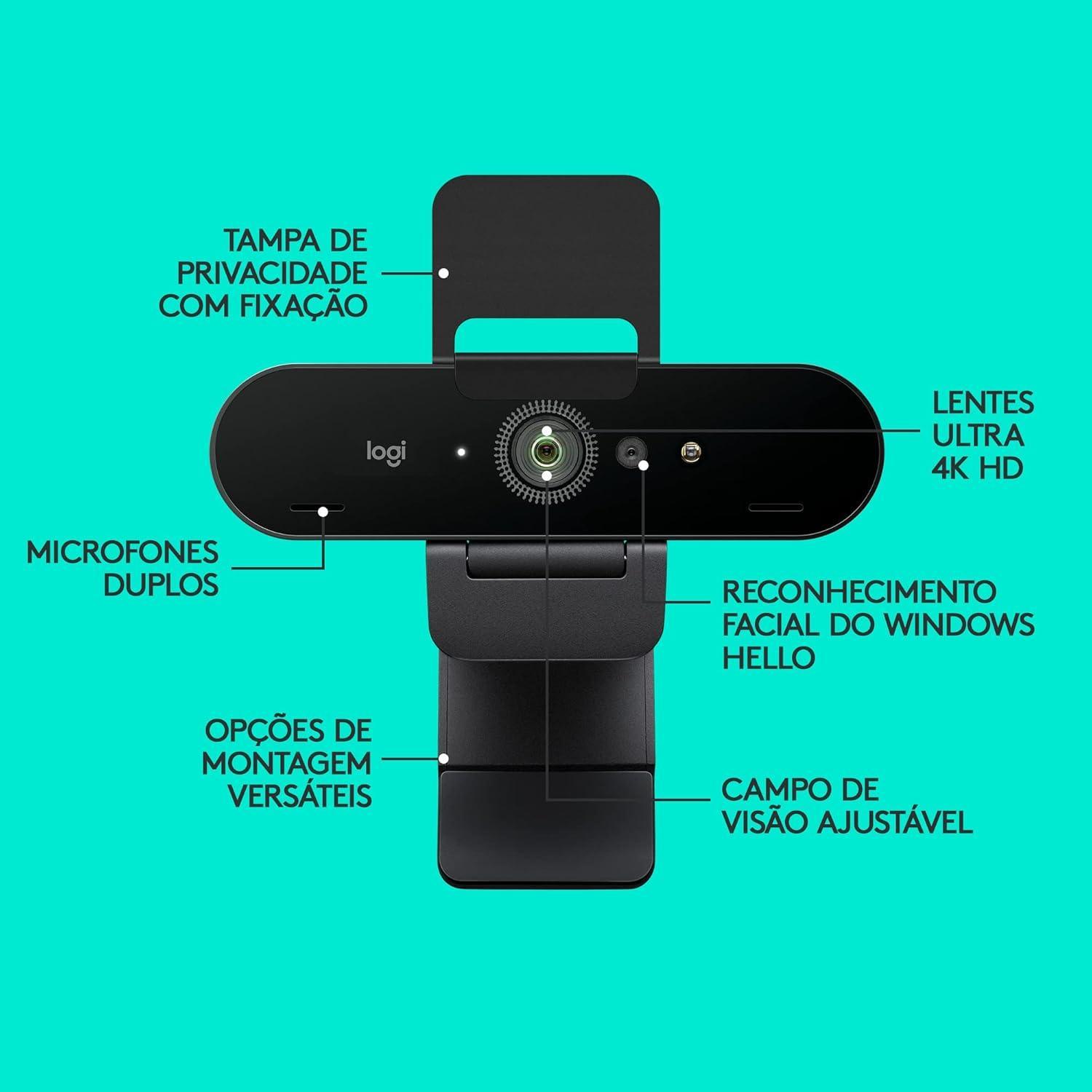 Webcam Ultra HD Logitech Brio 4K PRO com Microfone Embutido para Chamadas e Gravações em Video - Compatível com Logitech Capture