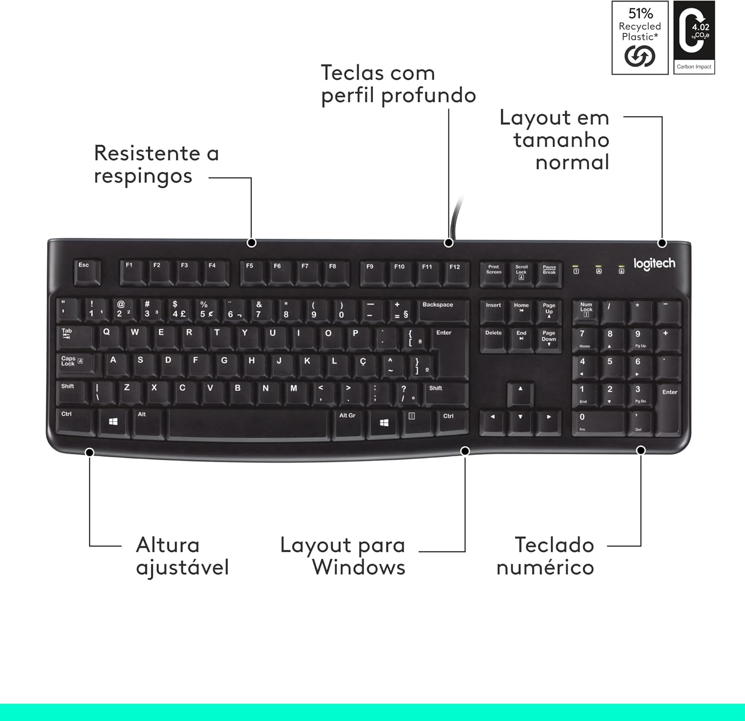 Teclado com fio USB Logitech K120, Resistente à Respingos, Barra de Espaço Curva, Compatível com PC e Notebook, Layout ABNT2