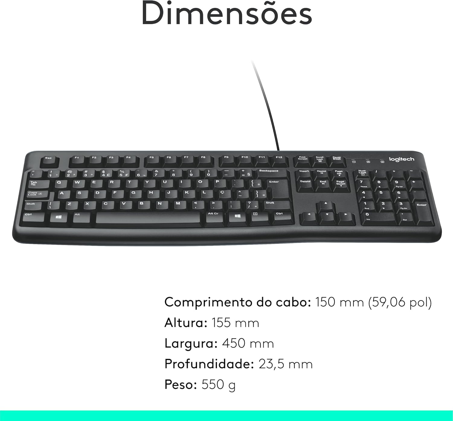 Teclado com fio USB Logitech K120, Resistente à Respingos, Barra de Espaço Curva, Compatível com PC e Notebook, Layout ABNT2