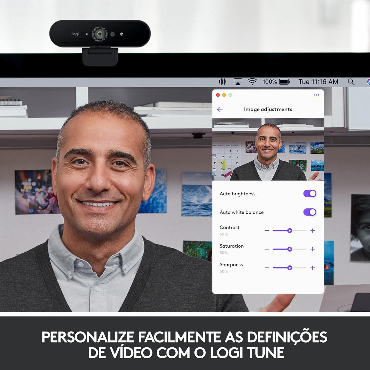 Webcam Ultra HD Logitech Brio 4K PRO com Microfone Embutido para Chamadas e Gravações em Video - Compatível com Logitech Capture