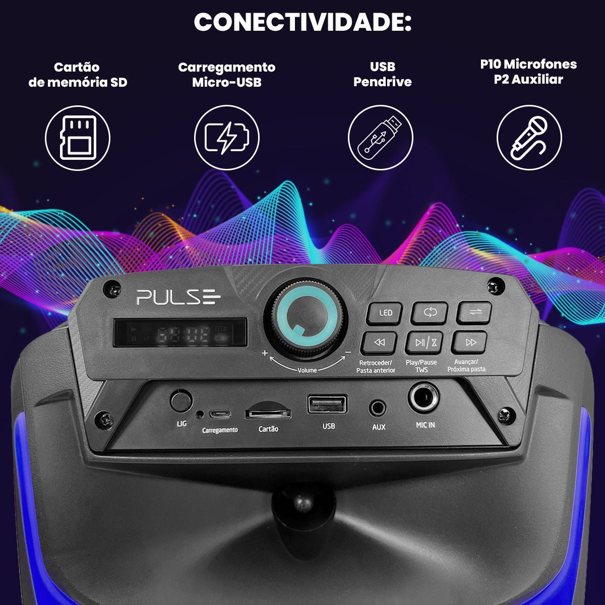 Caixa de Som Bluetooth Karaokê Pulse SP402E Gamer 250W RMS Cor Preto