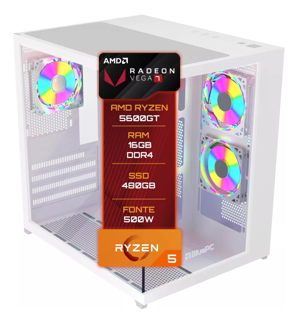 Pc Gamer Amd Ryzen 5 5600gt 16gb Ddr4 Ssd 480gb Gab Branco - Fonte 500w