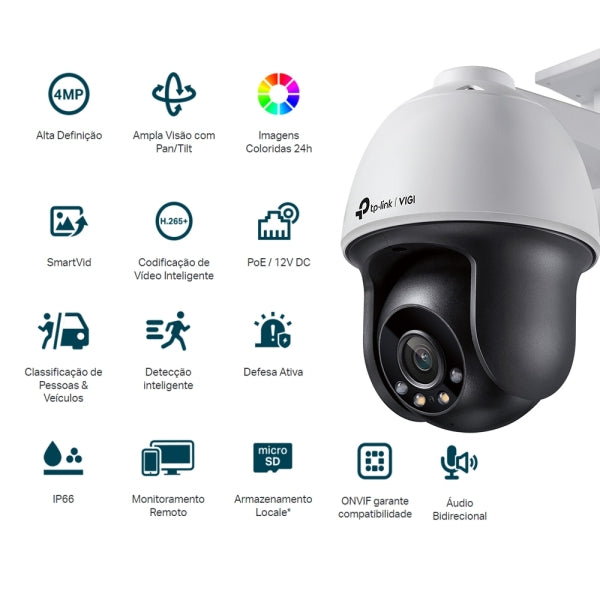 Camera Ip Cftv Poe Externa Pan/Tilt 4Mp Colorida Vigi C540 4Mm