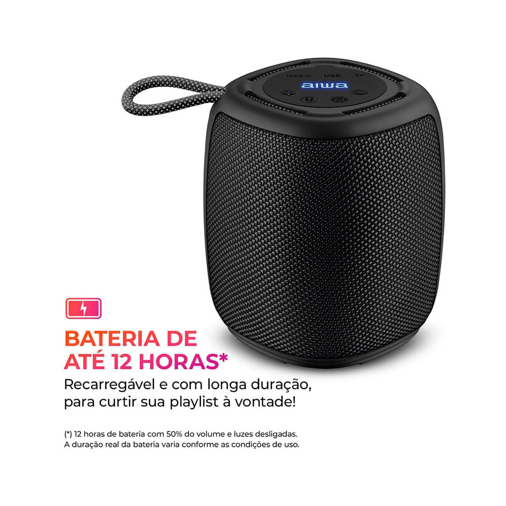 Caixa de Som AIWA Speaker, 15W, Bluetooth, IPX4, RGB, AWS-SP-03-B  Preto