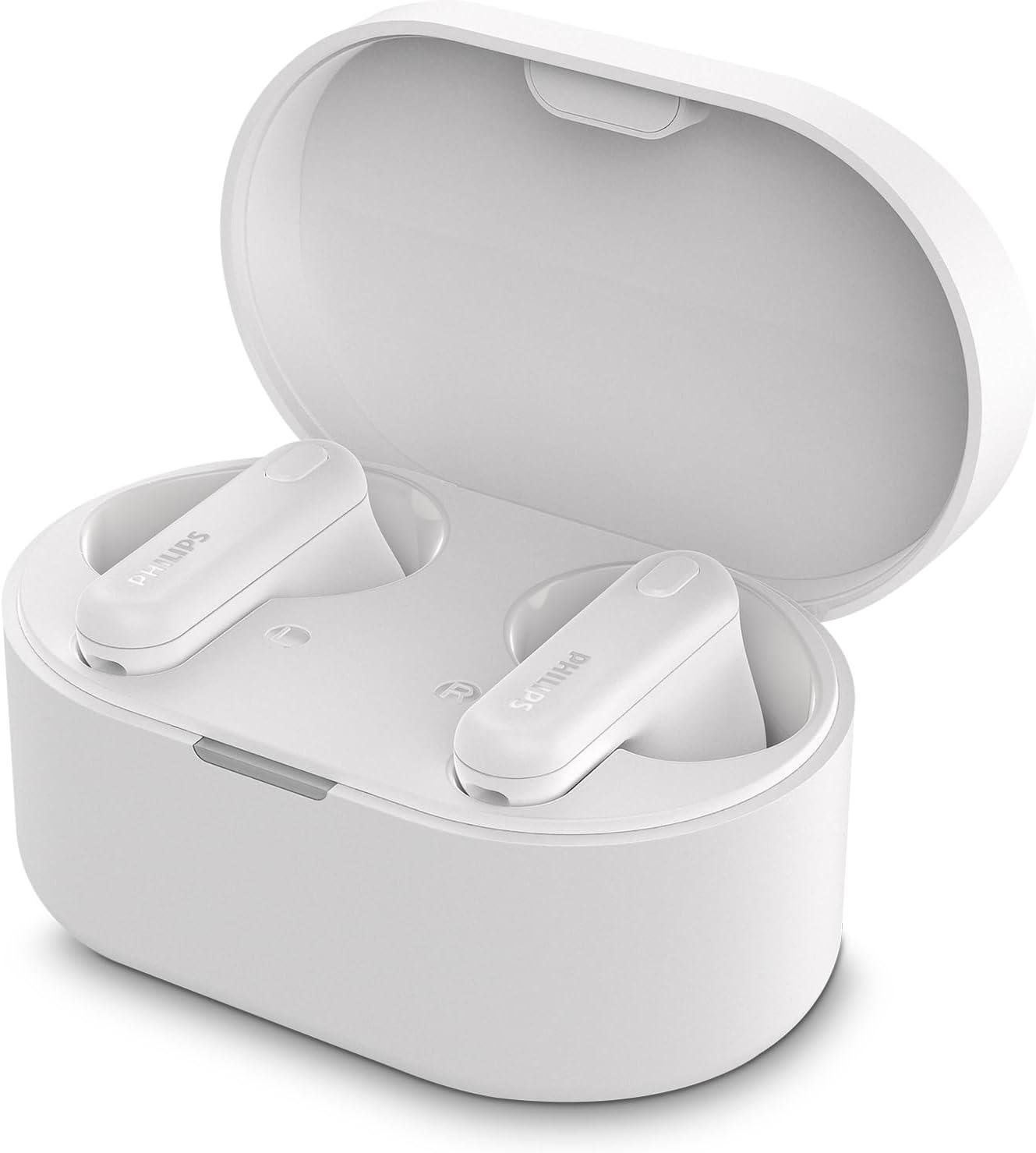 Fone de ouvido sem fio TWS Philips TAT1108WT/00 - bluetooth com microfone, formato em haste, IPX4, energia para 15 horas totais e na cor branca
