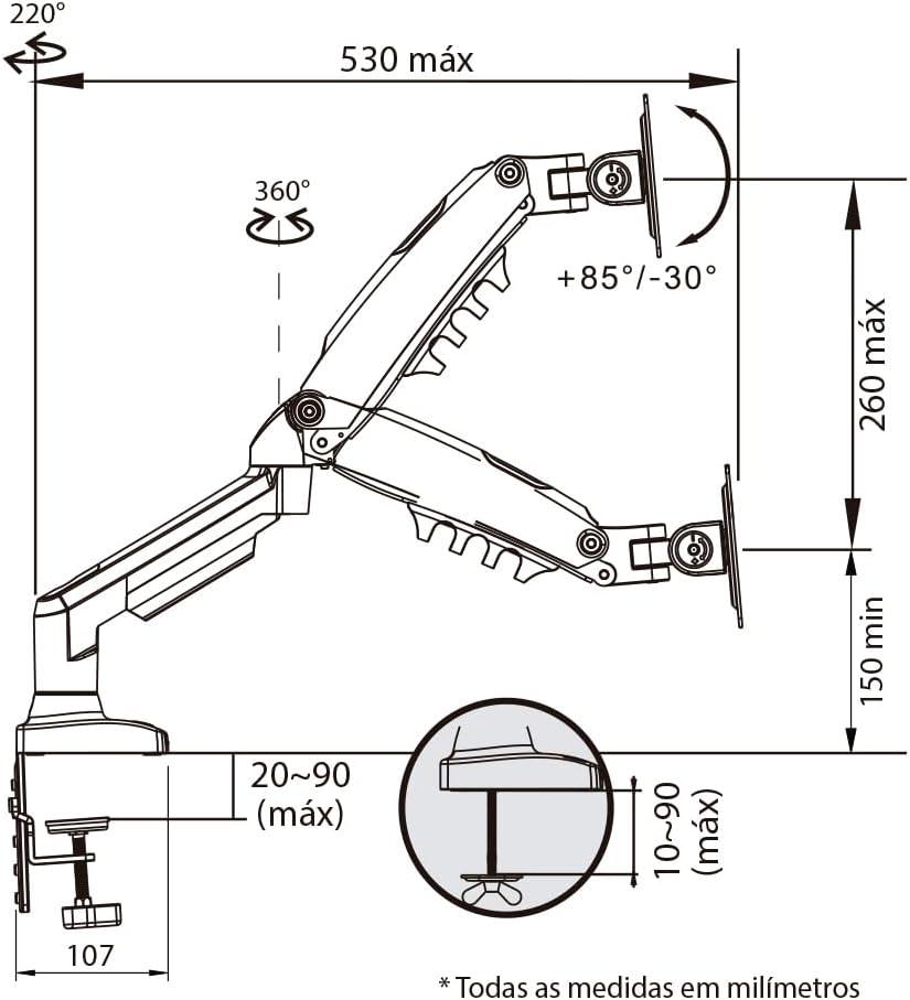 ELG, F90USB, Suporte Ergonômico Articulado de Mesa c/Pistão a Gás para Monitores de 17'' a 35'', Carga de 2kg a 9kg, Com 2 Portas USB, Preto