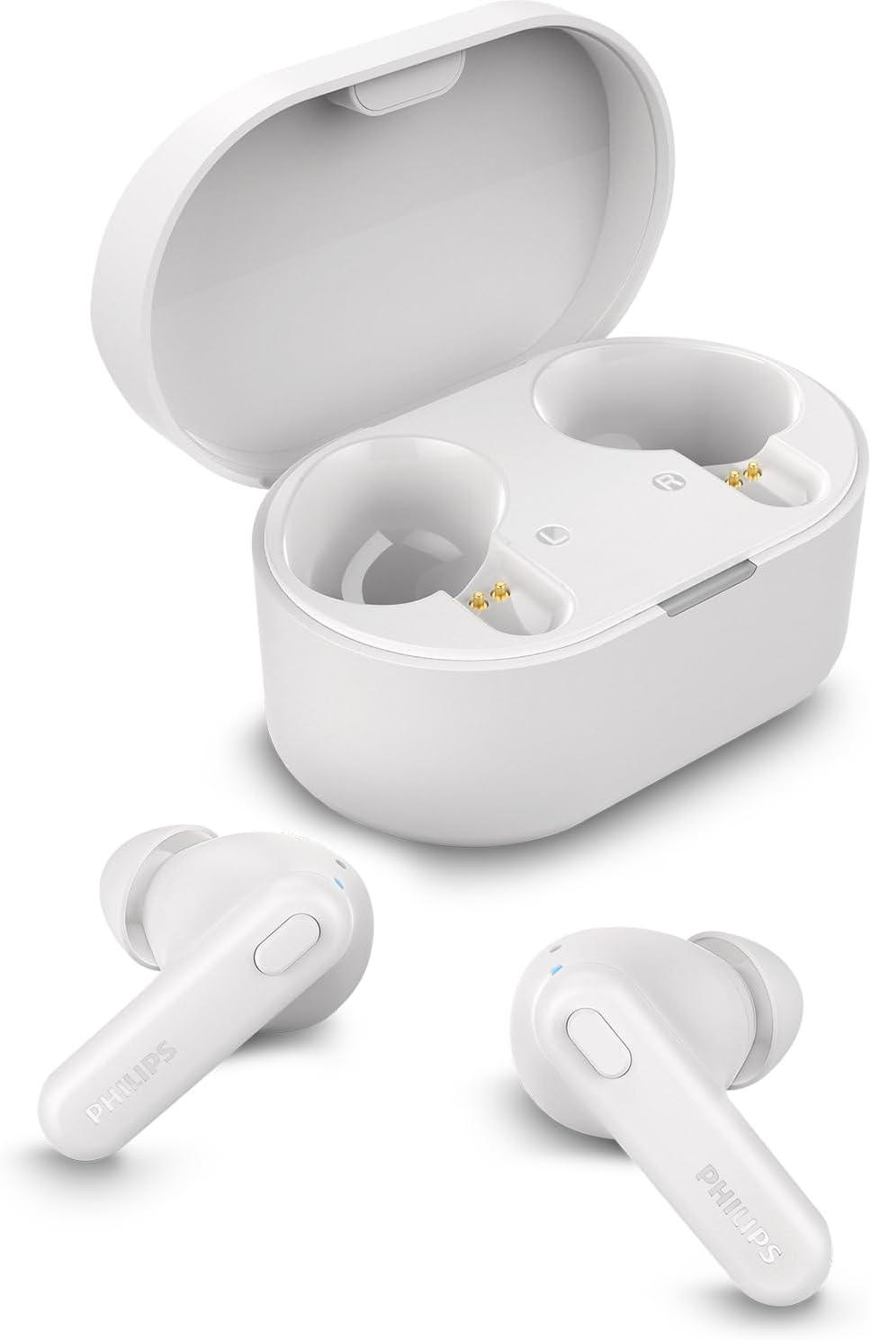 Fone de ouvido sem fio TWS Philips TAT1108WT/00 - bluetooth com microfone, formato em haste, IPX4, energia para 15 horas totais e na cor branca