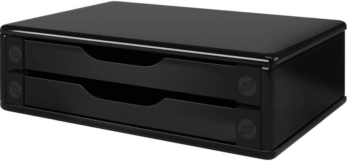 Suporte de Monitor 2 Gavetas, Mdf Preto (Black Piano) - Souza & Cia