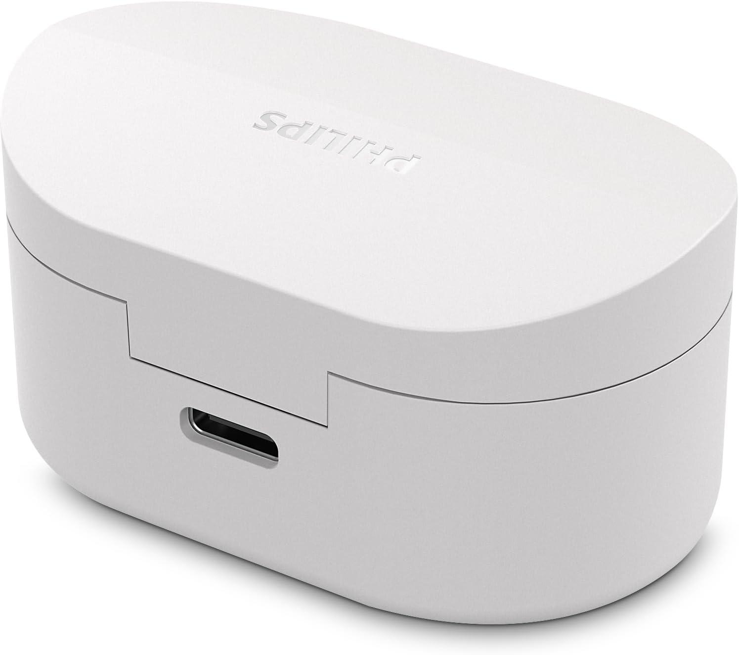 Fone de ouvido sem fio TWS Philips TAT1108WT/00 - bluetooth com microfone, formato em haste, IPX4, energia para 15 horas totais e na cor branca