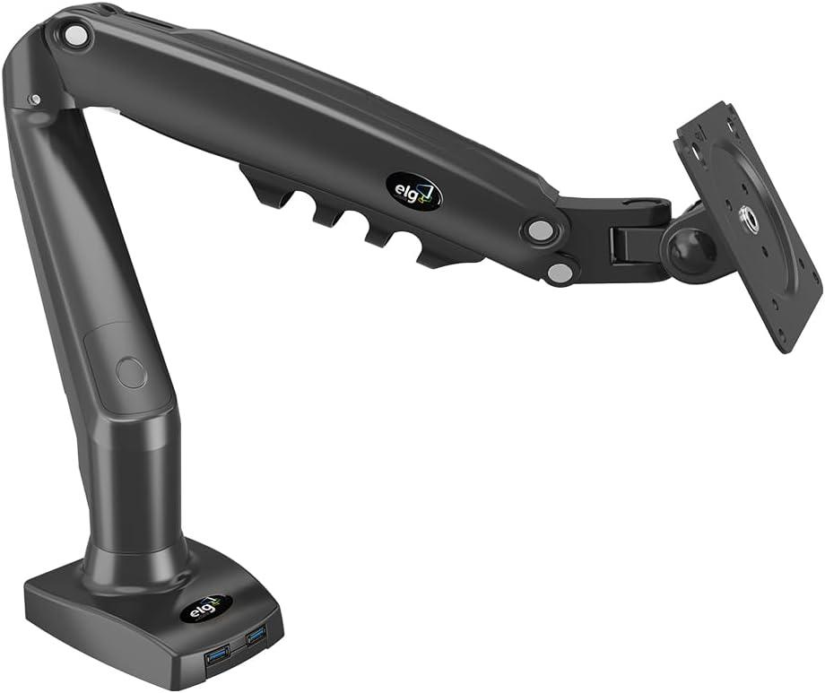 ELG, F90USB, Suporte Ergonômico Articulado de Mesa c/Pistão a Gás para Monitores de 17'' a 35'', Carga de 2kg a 9kg, Com 2 Portas USB, Preto