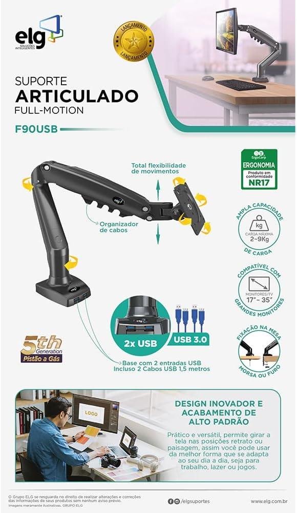ELG, F90USB, Suporte Ergonômico Articulado de Mesa c/Pistão a Gás para Monitores de 17'' a 35'', Carga de 2kg a 9kg, Com 2 Portas USB, Preto