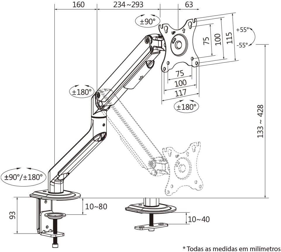 Suporte Multiarticulado de Mesa com Moderno Sistema de Molas para Monitores de 17"a 35"até 9Kg Cinza Escuro- F82SP ELG