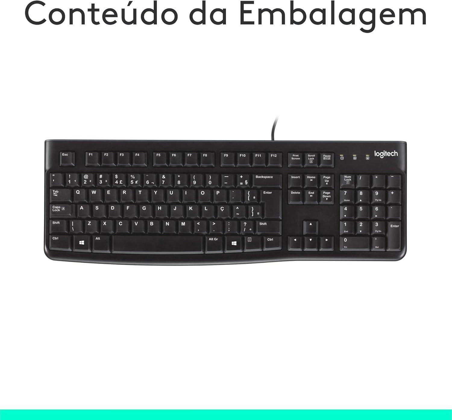 Teclado com fio USB Logitech K120, Resistente à Respingos, Barra de Espaço Curva, Compatível com PC e Notebook, Layout ABNT2