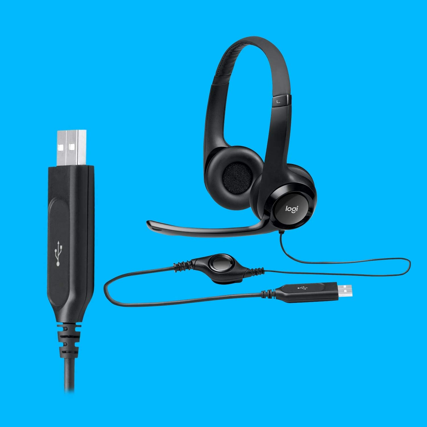 Headset com fio USB Logitech H390 com Almofadas Confortáveis, Controles de Áudio Integrado e Microfone com Redução de Ruído - Preto