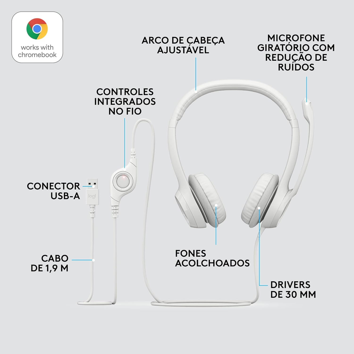 Headset com fio USB Logitech H390 com Almofadas Confortáveis, Controles de Áudio Integrado e Microfone com Redução de Ruído - Preto