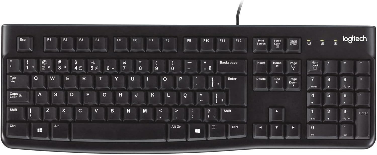 Teclado com fio USB Logitech K120, Resistente à Respingos, Barra de Espaço Curva, Compatível com PC e Notebook, Layout ABNT2