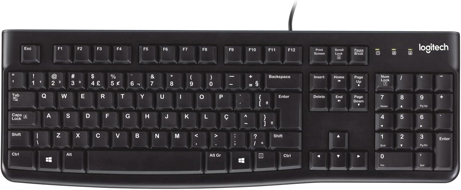 Teclado com fio USB Logitech K120, Resistente à Respingos, Barra de Espaço Curva, Compatível com PC e Notebook, Layout ABNT2