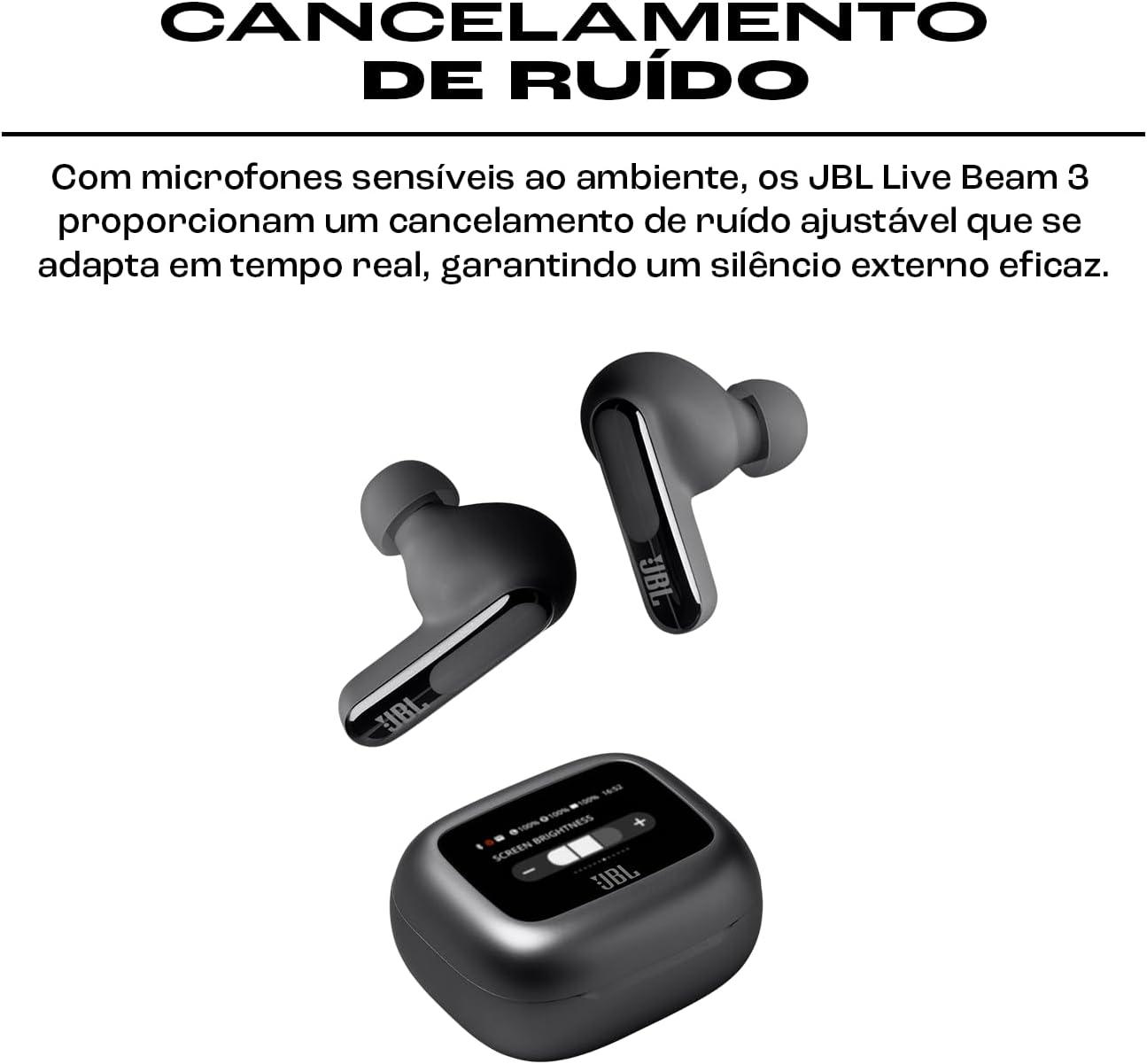 JBL, Fone de Ouvido Bluetooth, Live Beam 3, Intra Auricular, Sem Fio, Com Tela de 1.45", Cancelamento de Ruído, Resistente À Água e Poeira - Preto