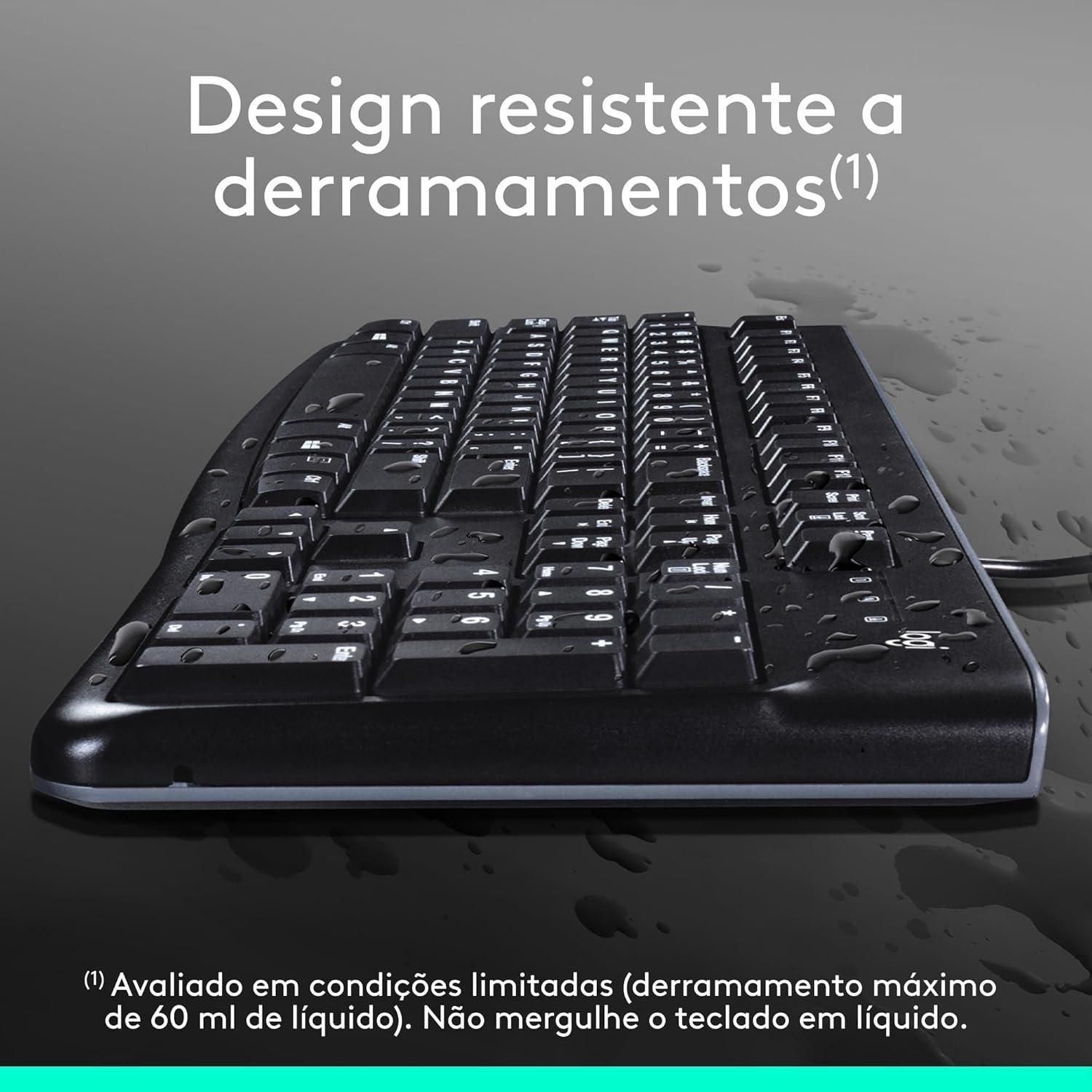 Teclado com fio USB Logitech K120, Resistente à Respingos, Barra de Espaço Curva, Compatível com PC e Notebook, Layout ABNT2
