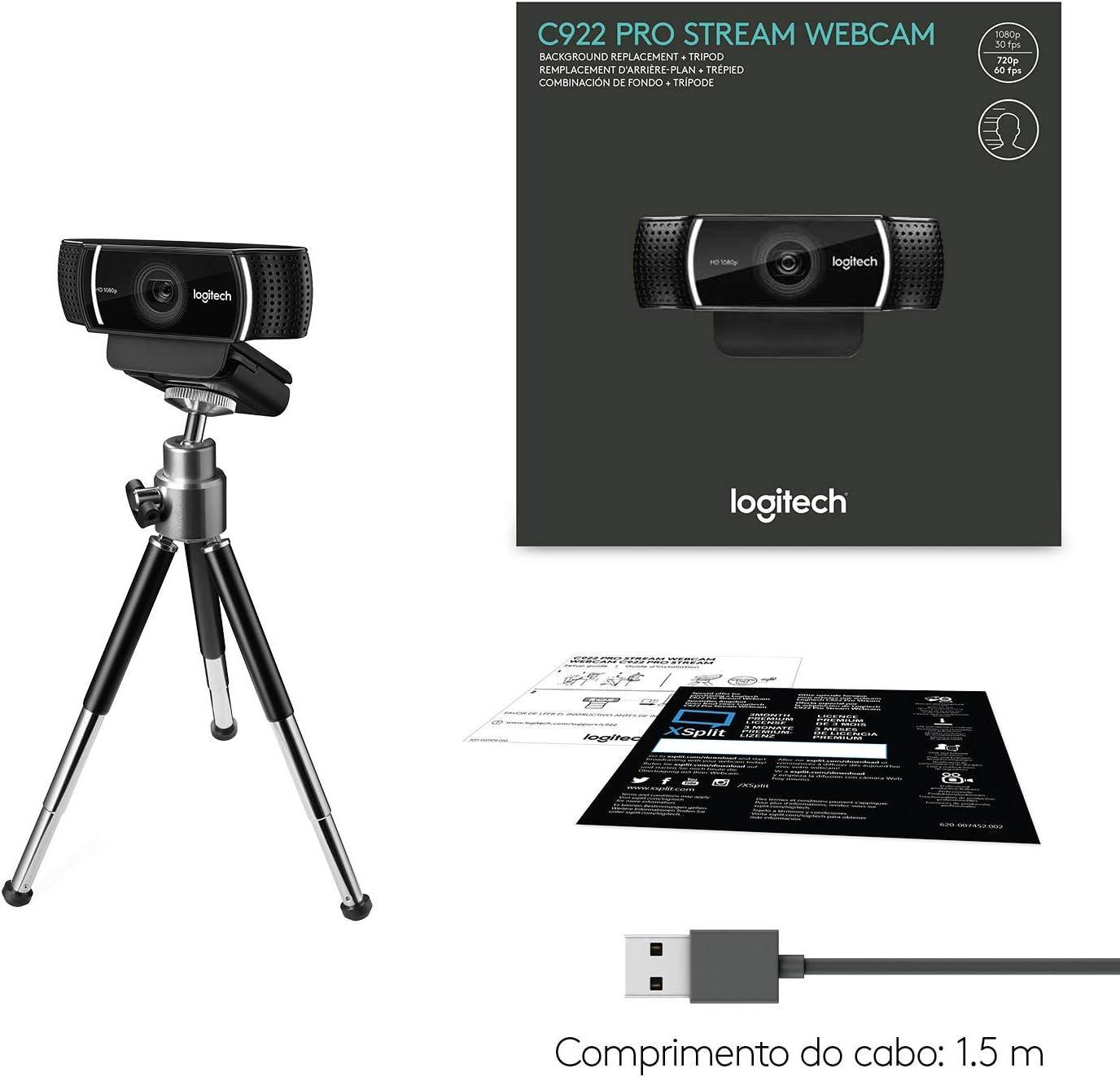 Webcam Full HD Logitech C922 Pro Stream com Microfone Embutido para Chamadas e Gravações em Video 1080p e Tripé Incluso - Compatível com Logitech Capture