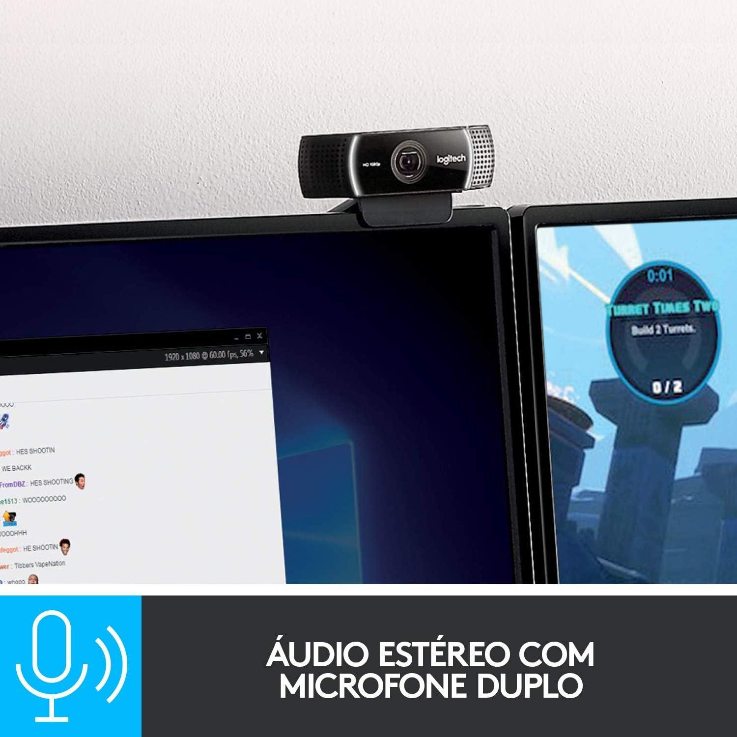 Webcam Full HD Logitech C922 Pro Stream com Microfone Embutido para Chamadas e Gravações em Video 1080p e Tripé Incluso - Compatível com Logitech Capture