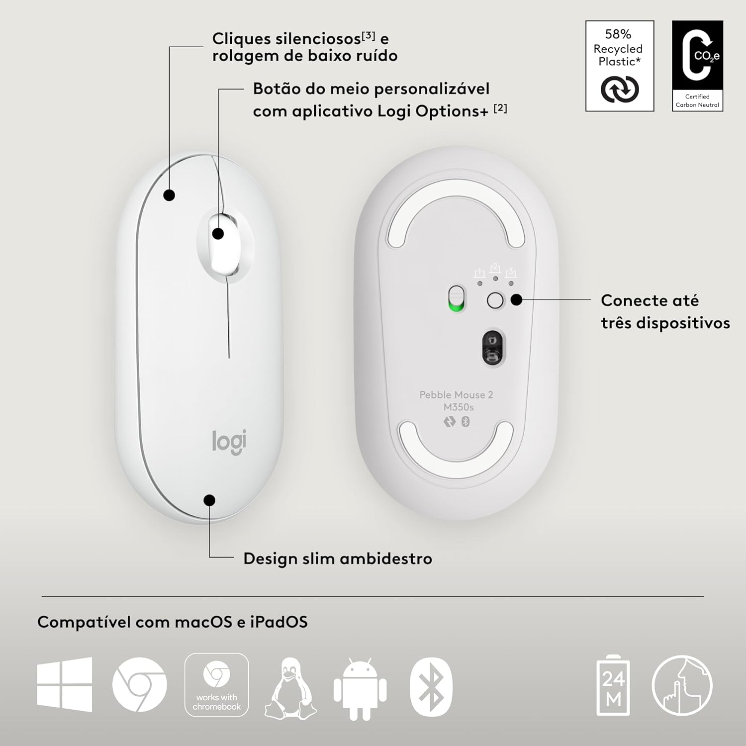 Mouse sem fio Logitech Pebble 2 M350s com Clique Silencioso, Design Slim Ambidestro, Conexão Bluetooth e Pilha Inclusa - Grafite