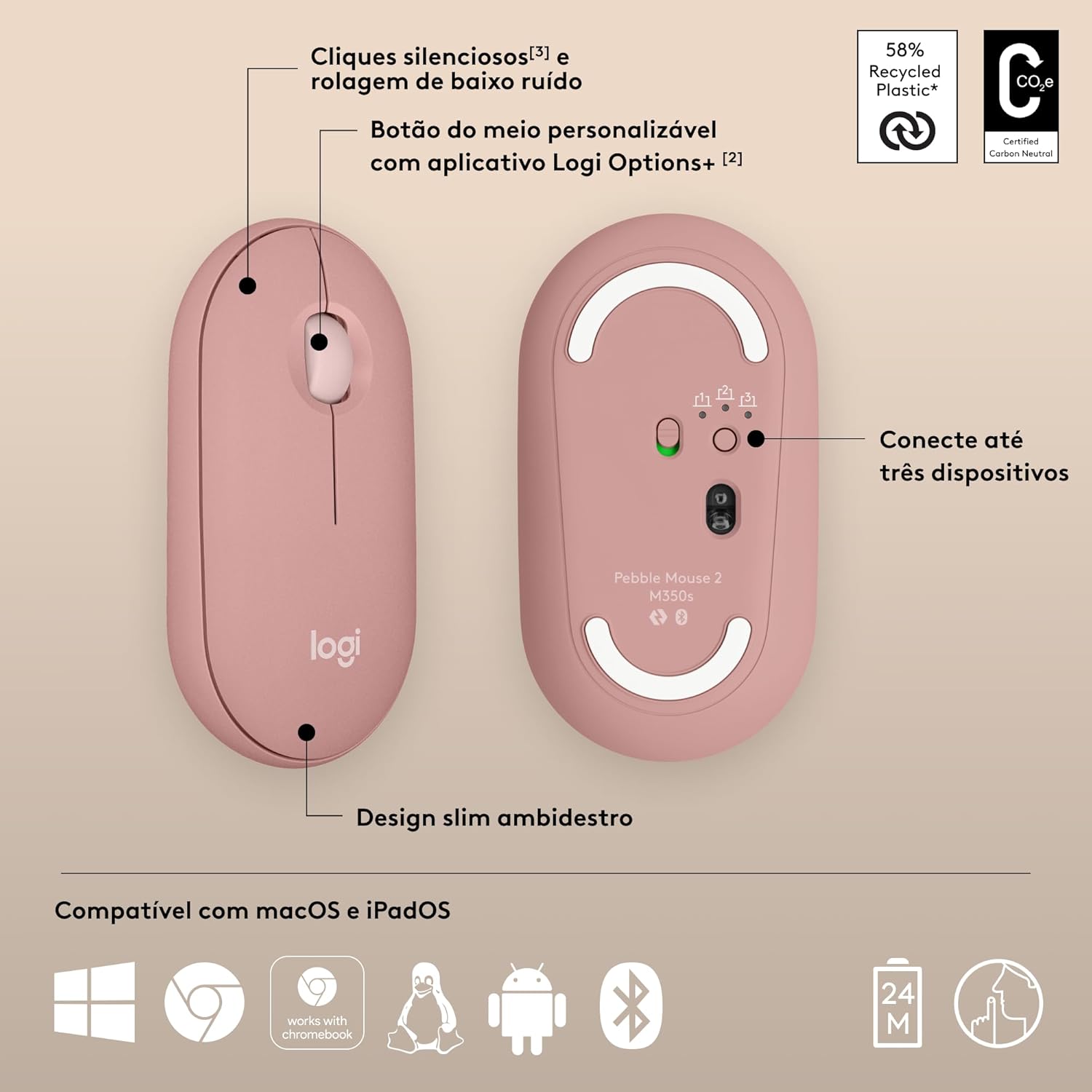 Mouse sem fio Logitech Pebble 2 M350s com Clique Silencioso, Design Slim Ambidestro, Conexão Bluetooth e Pilha Inclusa - Grafite