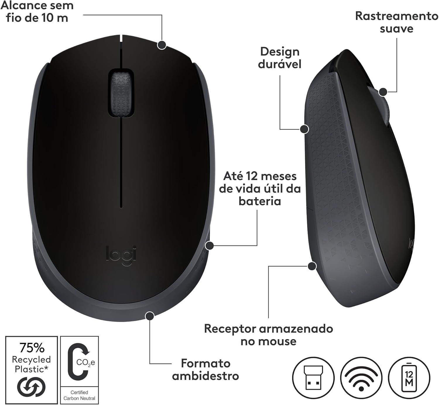 Mouse sem fio Logitech M170 com Design Ambidestro Compacto, Conexão USB e Pilha Inclusa - Preto