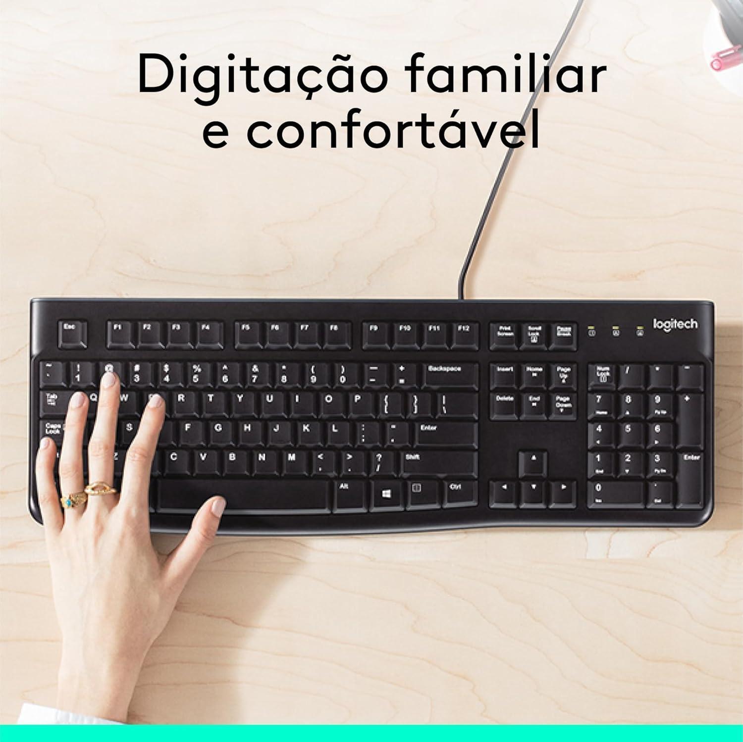 Teclado com fio USB Logitech K120, Resistente à Respingos, Barra de Espaço Curva, Compatível com PC e Notebook, Layout ABNT2