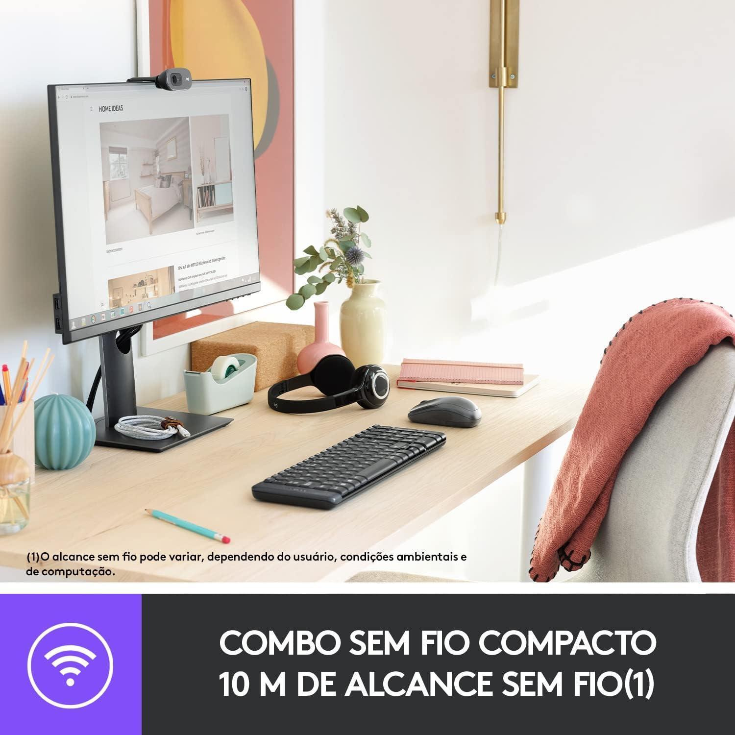 Combo Teclado e Mouse sem fio Logitech MK220 com Design Compacto, Conexão USB, Pilhas Inclusas e Layout ABNT2