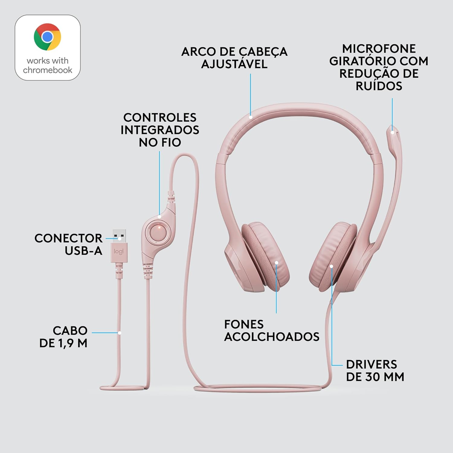 Headset com fio USB Logitech H390 com Almofadas Confortáveis, Controles de Áudio Integrado e Microfone com Redução de Ruído - Preto