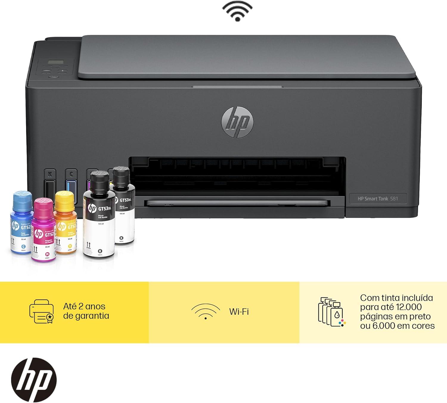Impressora Multifuncional HP Smart Tank 581 Tanque de Tinta Colorida Wi-Fi com autorreparo, USB - Impressora, Copiadora e Scanner Cor: ‎Cinza Chumbo (4A8D5A)