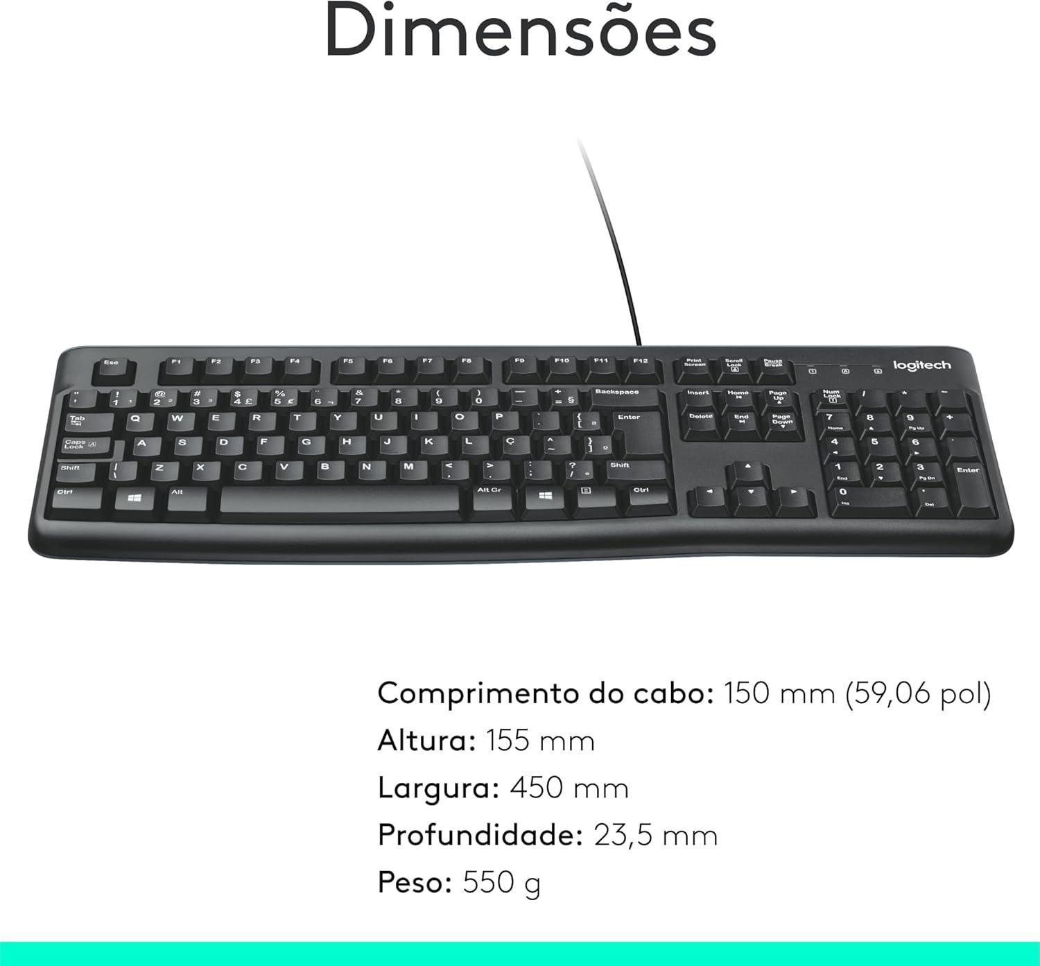 Teclado com fio USB Logitech K120, Resistente à Respingos, Barra de Espaço Curva, Compatível com PC e Notebook, Layout ABNT2