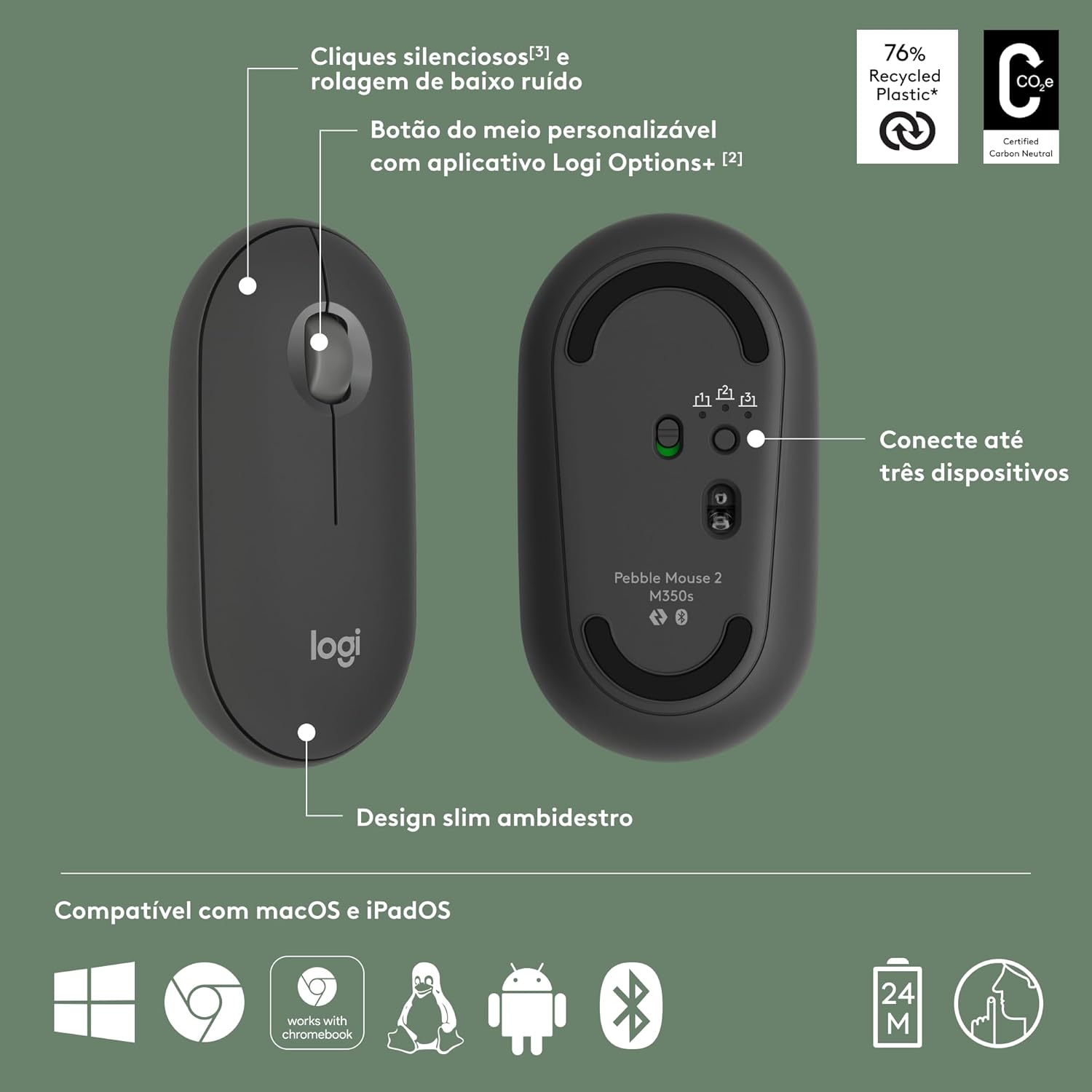 Mouse sem fio Logitech Pebble 2 M350s com Clique Silencioso, Design Slim Ambidestro, Conexão Bluetooth e Pilha Inclusa - Grafite
