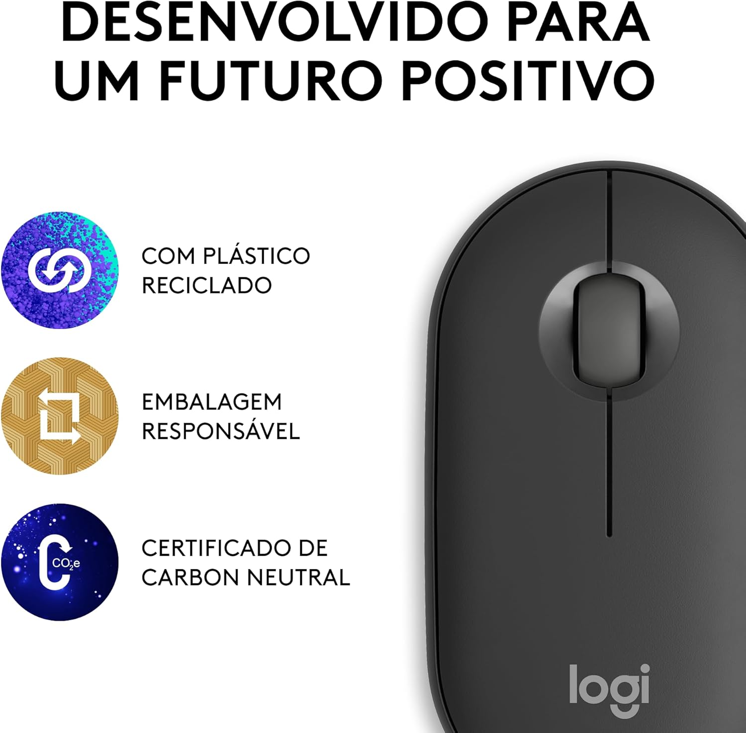 Mouse sem fio Logitech Pebble 2 M350s com Clique Silencioso, Design Slim Ambidestro, Conexão Bluetooth e Pilha Inclusa - Grafite