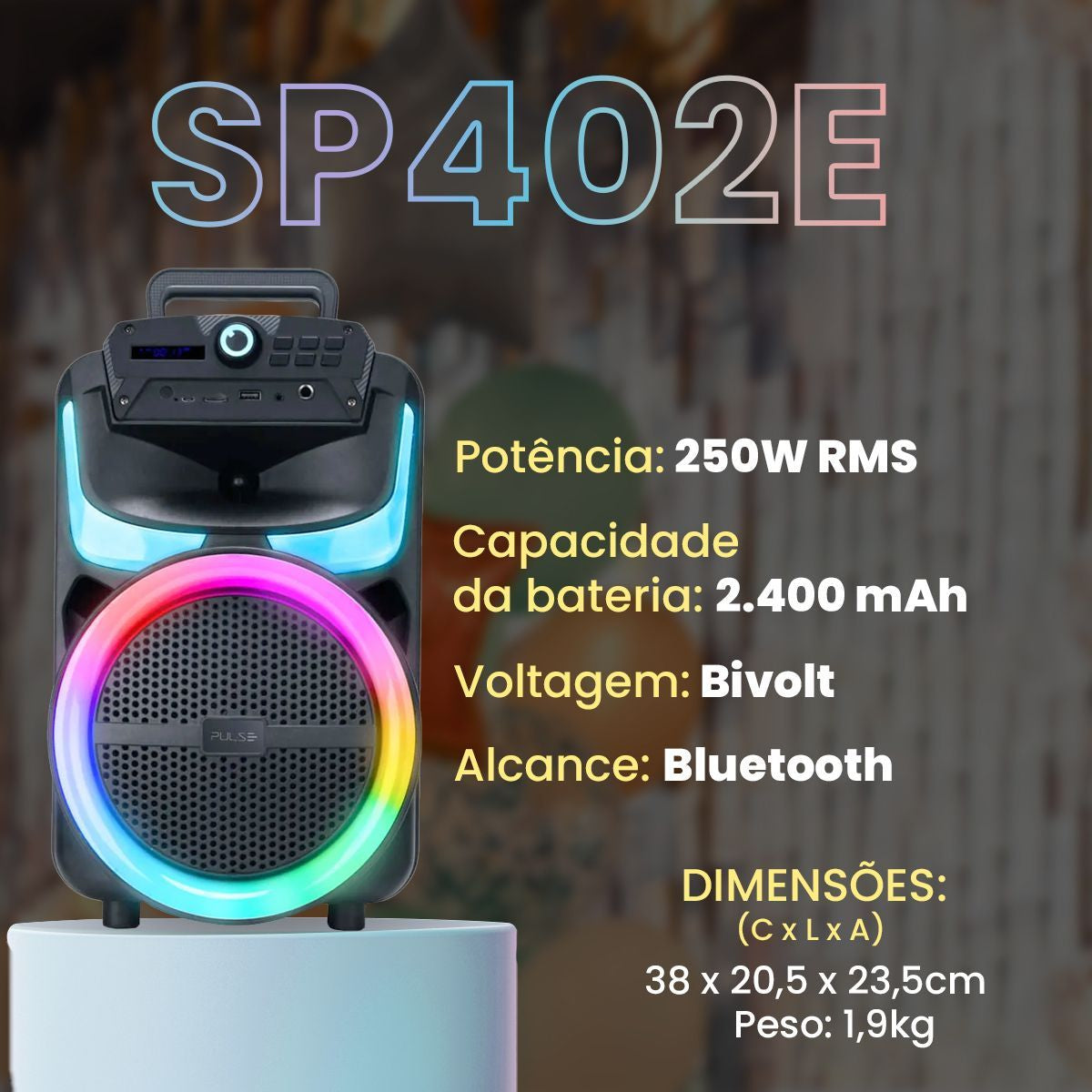 Caixa de Som Bluetooth Karaokê Pulse SP402E Gamer 250W RMS Cor Preto
