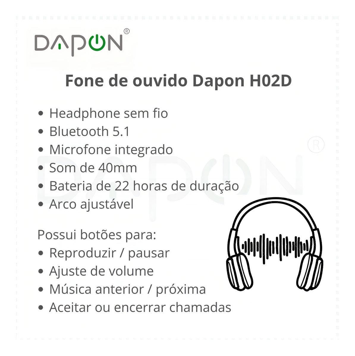 Fone De Ouvido Headphone Dapon H02d Bluetooth 5.1 Com Microfone Cor Preto