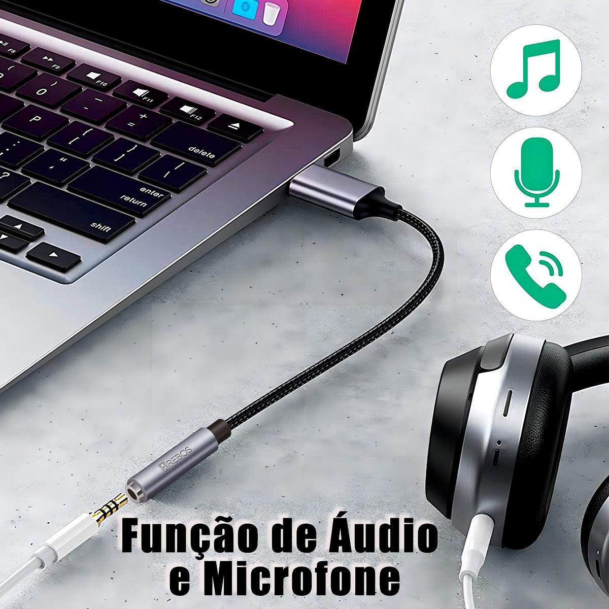 Placa De Som Usb P2 Fone Microfone 3.5mm Pc Notebook Cor Preto